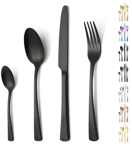 Funnydin 24 Pieces set de couverts de table, ensemble de couverts en acier inoxydable pour 6 personnes, comprenant fourchette, couteaux, cuillere a cafe, look noir mat élégant