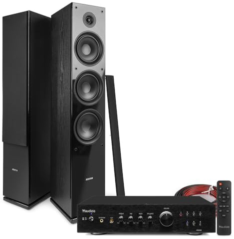Fenton SHF80B Floor Standing HiFi Tower Speaker System with Audizio AD220B Bluetooth Amplifier & Speaker Cable Kit – Home Stereo System, 500W, 3-Way Sound, Black Finish