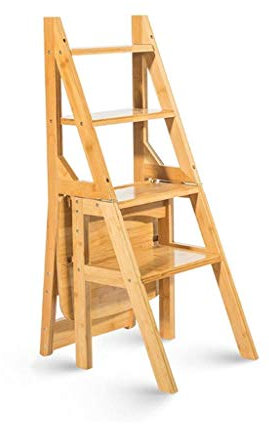 Massivholz-Multifunktions-Leiterstuhl, Heim- und Küchen-Klapptreppenstuhl mit doppeltem Verwendungszweck, beweglicher 4-Stufen-Leiter-aufsteigender Hocker (Farbe: Braun)