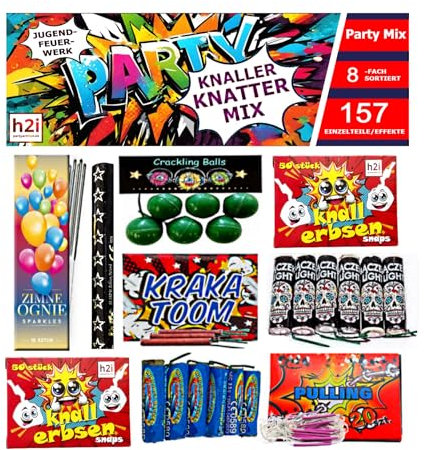 h2i Knaller Knatter Mix | 157 pièces/effets | Fête amusante pour petits et grands I Feux d'artifice pour enfants et adolescents | 8 compartiments assortis | F1
