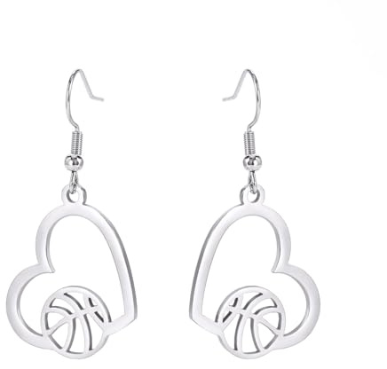 TEAMER Collar de Baloncesto Con Forma de Corazón - Colgante Deportivo, Joyería Única de Acero Inoxidable Para Amantes (Pendiente - Plata)