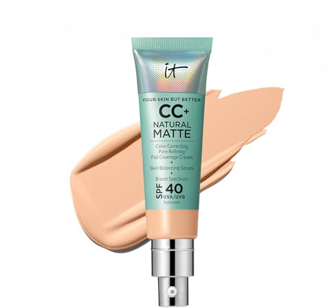 IT Cosmetics CC+ Cream Natural Matte (Light Medium) - Poreless Full Coverage Foundation With SPF 40, 16HR Shine Control, Color-Corrector, Skin-Balancing Serum, Noncomedogenic - 1.08 fl oz