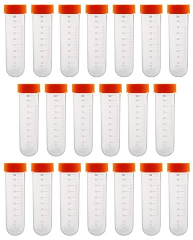 HUAZIZ 20 Pièces Plastiques Tubes à Centrifuger Orange 50ml Round Fond Tubes à Essai Plastique, Sample Lab Tubes avec Bouchon à Visser et Graduations