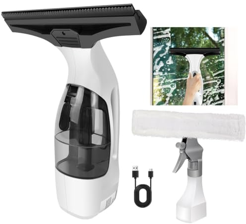 Electric Window Vacuum Cleaner Cordless - Cordless Vac with Spray Bottle, Microfibre Cloth & Rubber Squeegee Head for Spray/Wipe/Suck up Water - for Cleaning Windows, Mirrors, Tiles, Shower Screen