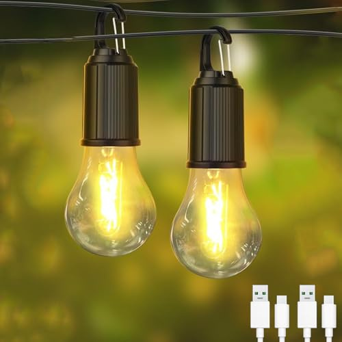 MODOAO Wiederaufladbare LED Camping Licht, 2-Pack Outdoor Camping Hängen Typ-C Aufladen Retro Birne, 3 Beleuchtungsmodi Wasserdichte LED Zelt Licht, Hängen Laterne zum Wandern, Angeln