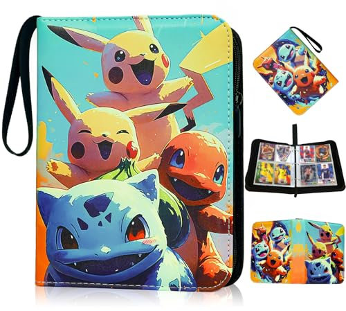 YFCHOTI Sammelkarten Album 4 Fächer, 400 Taschen Karten Sammelalbum Sammelmappe Sammelheft Sammelbuch mit Reißverschluss Tragegriff und 50 Hüllen, Wasserdicht 3-Ring Cartoon Anime Heft Mappe Ordner