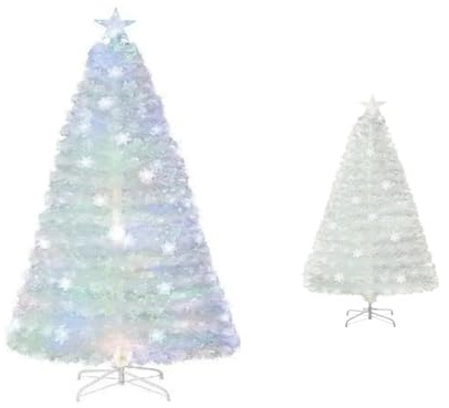 KOMFOTTEU Künstlicher Weihnachtsbaum mit Bunte Beleuchtung, Tannenbaum Christbaum Weiß mit Schneeflocken/LED Sternspitze, Christmas Tree faltbar für Zuhause Büro Geschäfte (120 cm)