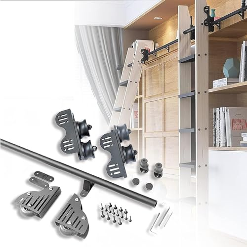 CFGYHN Sliding Ladder Hardware Kit, Retractable Rolling Ladder Hardware Library Heavy Duty Steel Floor Roller Mobile Ladder Slide Rail