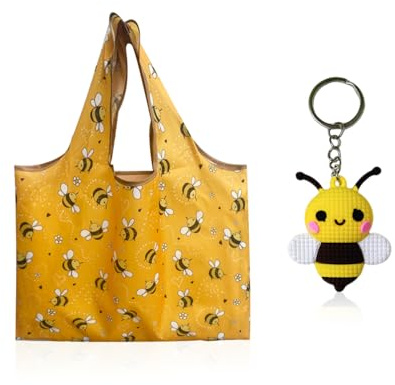 TYFGRT 1 bolsa de compras plegable, estampado de abeja, amarilla, 58 x 66 cm, bolsa reutilizable