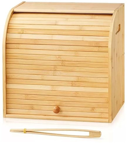 PREMZO Bread Bin Kitchen Box Organiser Bread Storage Bin Durable Wood, Loaf, Lift Up With Handle, Double Layer Slide Roll Top, Countertop Food Container Home Restaurant s camping (Double Layer)