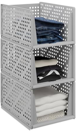 Relaxdays Organizadores de Armario, Pack de 3, Cajas de Almacenaje Apilables, Cajones de 24,5 x 33,5 x 43,5 cm, Gris