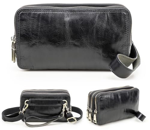 Contacts Sac à main en cuir véritable avec dragonne à 3 fermetures éclair, petit sac à bandoulière unisexe, pochette, sac à bandoulière pour femme/homme, Noir , Small