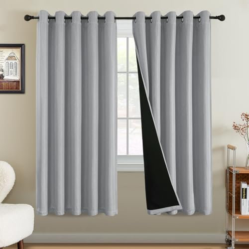 BellaHills 100% Blackout Curtains for Bedroom Thermal Faux Linen Curtain for Living Room Burlap Textured Eyelet Curtains & Drapes, 2 Panels, 66 x 72 Inch, Heather Grey