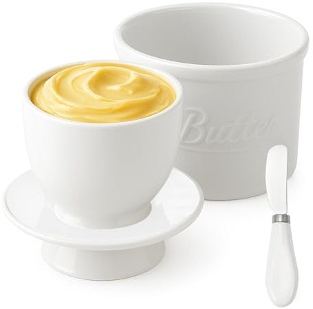 Butterdose Keramik, Butterglocke Keramik mit Buttermesser, Französische Butterdose mit Deckel, Butterdose Wassergekühlt mit Wasserlinie, Butterdose Porzellan für Frische und Streichfähige Butter, Weiß