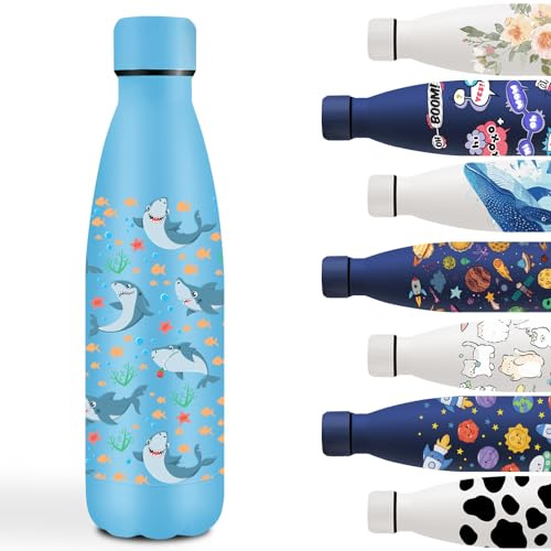 Grsta Trinkflasche 500ml, Trinkflasche Edelstahl, Wasserflasche Sport, Isolierflasche Doppelwandige, Wasserflasche mit Hai, Leicht zu Tragen, Thermosflasche für Schule, Fahrrad, Camping, Running, Blau