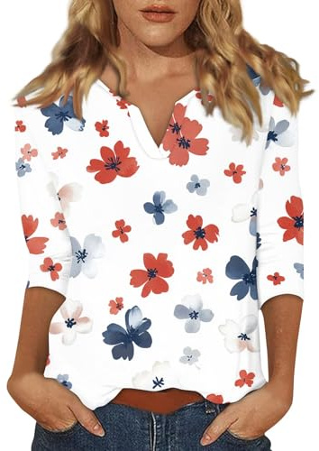 SCBFDI Basic Tshirt Damen 3/4 Arm mit Drucken Lose Stretch Casual Oberteil | V Ausschnitt Basic Elegant Frühling Pullover Dreiviertelarm Shirt Business Outfit
