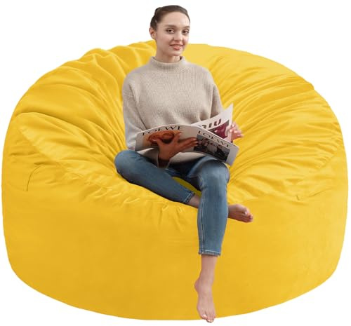 SIMFLAG 3FT Bean Bag Chair, Comfy Bean Bag Chairs with Memory Foam Filled, Fluffy Beanbag Sofa with Dutch Velvet Cover, Round BeanBag Chairs for Living Room, Playroom - Lemon