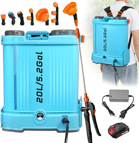 Akku Drucksprüher 20 Liter,Elektrischer Pflanzensprüher mit 6 Nebeldüsen,Ladegerät,Teleskopstab,0-100 PSI Einstellbar Gartenspritze,Rückenspritze mit Verstellbarem Schultergurt