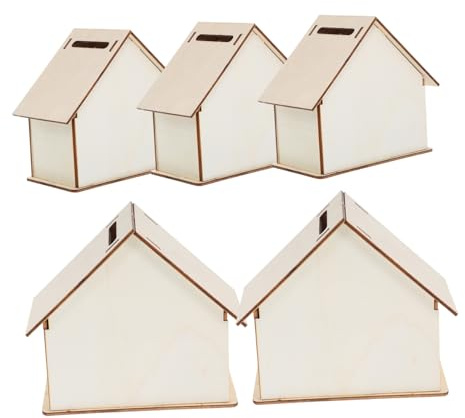 WEKAMOS 5 Stück Holz Spardosen Kinder Sparschwein Retro Hausform Unbehandelt Weiß Selbstgemacht Zum Bemalen Doodle Kinderzimmer Dekoration Spielzeug Geschenk