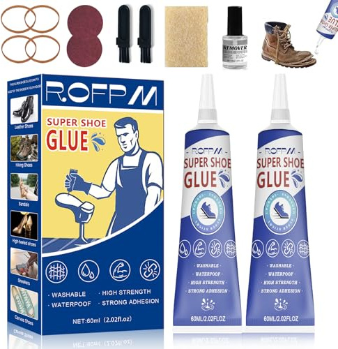 ROFPM Shoe Glue, Shoe Repair Glue, Quick Repair Super Glue, Shoe Glue Sole Repair, Leather Shoes Adhesive, Non-Hardening Shoe Glue for Trainers, Boots, High Heels (60ml*2)