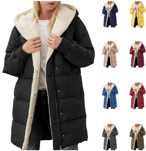 HOOUDO Winter Coats for Women UK Fleece Lined Down Jacket Padded Puffer Hooded Trench Coat Ladies Quilted Jackets Casual Warm Outerwear Overcoat with Pockets Plus Size
