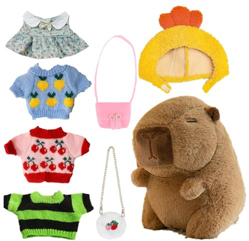 Capybara Stofftier, Capybara Plüsch mit Kleidung - Winterliche süße Tierspielzeuge mit 4 Kleidungsstücken und Accessoires - Weiches, bezauberndes Dress Up Capybara-Plüschtier, 25 cm großes Cartoon-Fes