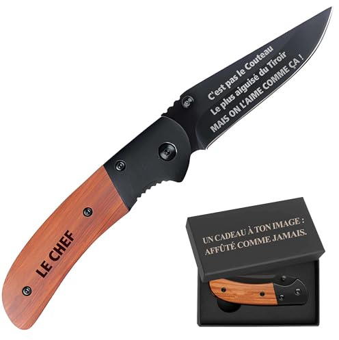 Planetee Couteau Le Chef on l'aime comme ça | Canif | Couteau pliant | Travail Départ Retraite | Boîte de rangement | Idée Cadeau Noël Papa Anniversaire