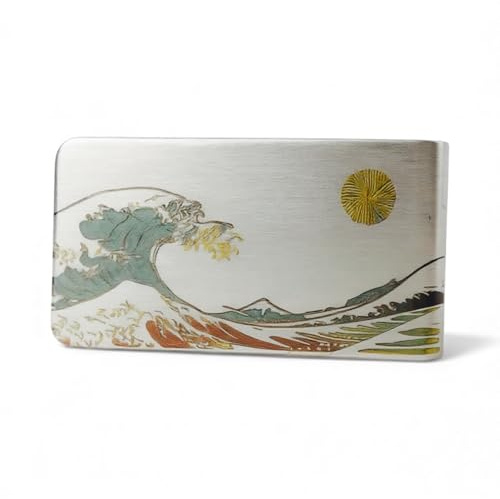 UtilityNest Engraved Seigaiha Waves and Sun Money Clip, Stainless Steel Money Clip for Men UK, Slim Cash Clip, Japanese Design, Made in the UK, Unique Symbolic Gift (with Gift Box)