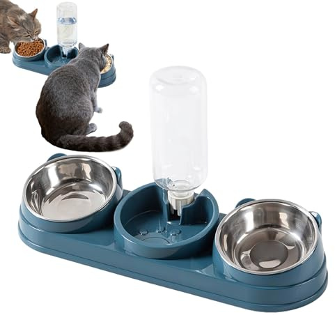 Qoukonao Cuencos elevados para Gatos, Cuencos elevados para Comida para Gatos, Plato de Comida para Perros, de Agua Antideslizante de Acero Inoxidable para Interiores y Exteriores