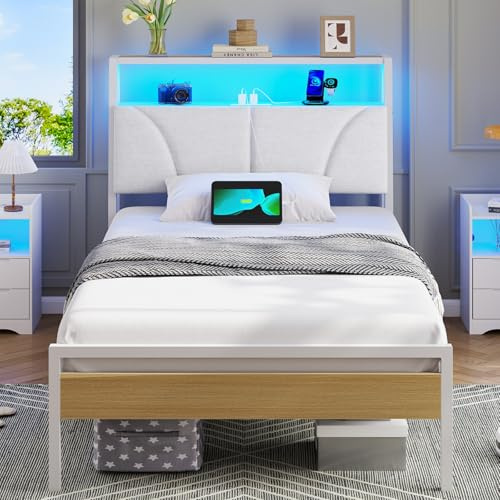 Brinlawb Bett 90x190 mit Lattenrost aus Metall, Bettgestell 90x190 cm mit LED Beleuchtung, Jugendbett 90x190 mit Kopfteil und Ladestation(2 AC-Steckdosen,2 USB-Anschlüsse) Metallbett einzelbett Weiß