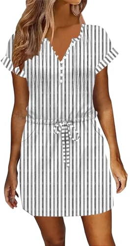 ETCYY Womens Summer Dresses 2026 Sundresses Beach Vacation Drawstring Waist Tshirt Short Sleeve Dress with Pockets,Striped Gray,Medium