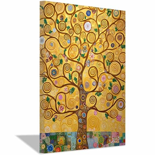 HOQIU decorazione da parete Albero dello stile Klimt albero della vita quadri, quadri in tela, per cucina, soggiorno e bagno(Multicolore)-60x80cm Incorniciato