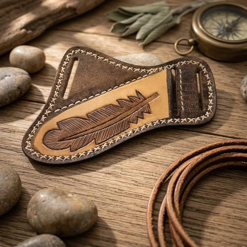 Dessi Italian Leather Knife Sheath for Belt Neck, Hand-Carved Feather Flannel Lined, Hunting Bushcraft EDC Survival Skinning Fillet, Fixed Blade Fits 4-6, Horizontal Cross Draw, Gifts for Men