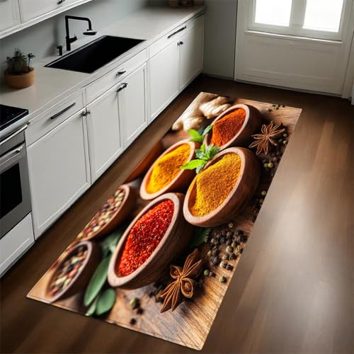 Gewürze Küchenteppich 50x150 cm Gewürze und Kräuter rutschfest Waschbar Küchenläufer Küchenteppich für Küche und Bar Teppich Läufer Dekorative Küchenmatte