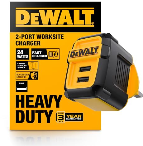 DEWALT Heavy Duty NeverBlock Dual USB Wall Charger, 12W Angled USB Ports Charging Cube, UK Plug, 2-Port Adapter for iPhone 17 16 15 14 13 12 11 Pro Max, Galaxy S22 S21, Note 20, HTC, Moto, LG