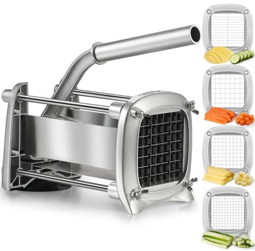 Sopito Cortador de patatas Corta Patatas Fritas Profesional | con Cuchillas de Acero Inoxidable de 6 mm, 9 mm y 12 mm para Verduras y Frutas, Plata