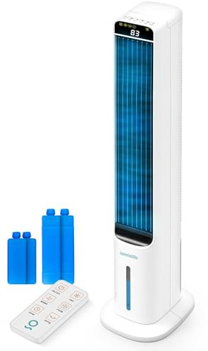 SereneLife Enfriador de aire con refrigeración por agua, enfriador evaporativo 4 en 1, humidificador, ventilador, purificador de aire, silencioso, con mando a distancia, 5 L, 1000 m³/h, flujo de aire