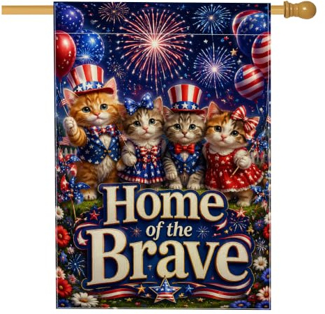 Bandiera per casa dei gatti, motivo fuochi d'artificio festivi patriottici, palline gonfiabili ad aria, per il giorno dell'indipendenza, colore rosso, in iuta su entrambi i lati, grande bandiera da