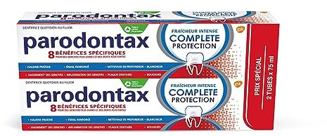 Parodontax Dentifrice Complete Protection Fraîcheur Intense, 8 Bénéfices, Contre le Saignement Occasionnel des Gencives, Format Bitube (2 x 75 ml)