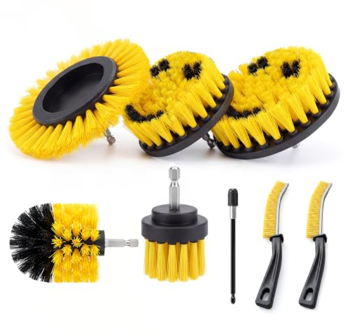 Bohrmaschine Bürstenaufsatz Bohrbürsten Befestigung Scrubber Reinigung Kit zum Reinigen der Autodusche Fliesenräder Teppichmörtel Polster 4PCS Gelb | Mit Felgenbürste, Verlängerung und Handbürsten für Bad, Fliesen, Küche, Auto, Sofa, Ecken und Grill; ohne Bohrmaschine