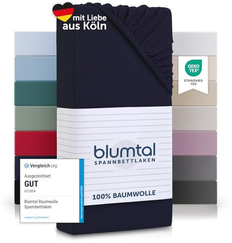 Blumtal Bomullslakan 90x200 cm - 100% Bomull, Draperi Jersey, upp till 25 cm madrasshöjd, Dark Ocean Blue - Blå