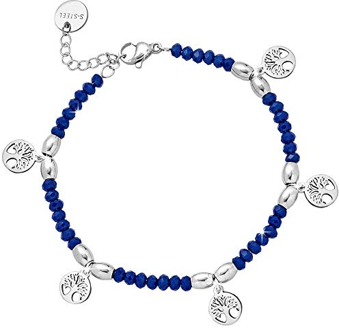 Beloved Bracciale Crystal Chic con Charms e Cristalli taglio briolè - regolabile fino a 20 cm con moschettone - Cristalli di vari colori e charms a tema (Cristalli Blu, Alberi della vita)