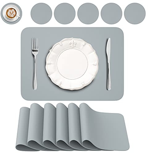 BANNIO 6er Set Tischsets Abwaschbar,Abwischbar Lederoptik Platzset und Untersetzer,Wasserdicht PVC Platzdeckchen Tischset für Hause Küche Restaurant und Hotel,41x31cm,grau