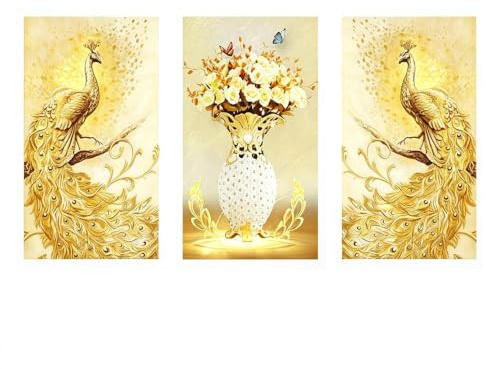 Leinwand Poster HD-Drucke Goldener Pfau Bilder Wandkunst Pfau Paar Blumen Gemälde für Wohnzimmer Innendekoration Wandbild -50x70cmx3pcs Kein Rahmen