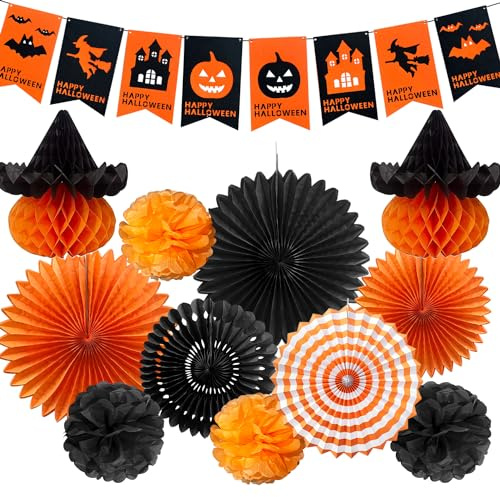 Mauts Halloween Party Decorations set , Halloween paper fan flowers, hanging swirl and happy pumpkin banner (Halloween 2)