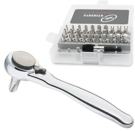 STREBITO Right Angle Screwdriver 32-Piece 1/4 Inch Mini Ratchet Set Low Profile Offset Bit Set with 72-Tooth Ratcheting Wrench Stubby Ratchet 90 Degree Screwdriver for Small Spaces