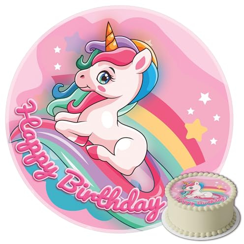 J&M DECO Tortenaufleger Einhorn – essbare Kuchendeko Ø 20 cm – Tortenbild für Mädchengeburtstag mit Regenbogen-Motiv – Tortendekoration aus Zuckerpapier – gebrauchsfertig