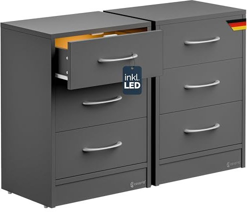 Casaria® Nachttisch 2er Set 54x39x28cm LED Holz 3 Schubladen Boxspringbett Schlafzimmer Wohnzimmer Beistelltisch Nachtschrank Nachtkästchen Tisch Grau