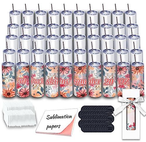 50 Pack Sublimation Tumblers 20 oz Skinny bulk,Stainless Steel Double Wall Insulated Straight Sublimation Tumbler Cups Blank White with Lid,Individually Box,Polymer Coating for Heat Transfer
