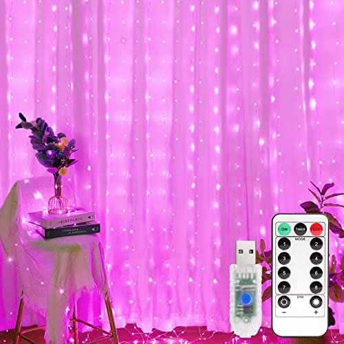 Yizhet Curtain Lights 3m x 3m, Curtain Fairy Lights 300 Led Pink, 8 Modes, Waterproof, USB Powered with Remote Control & Timer for Bedroom, Wedding, Party